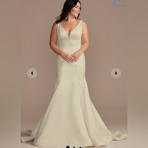 DB Studio, Plunge Mermaid Buttoned Satin Petite Wedding Dress